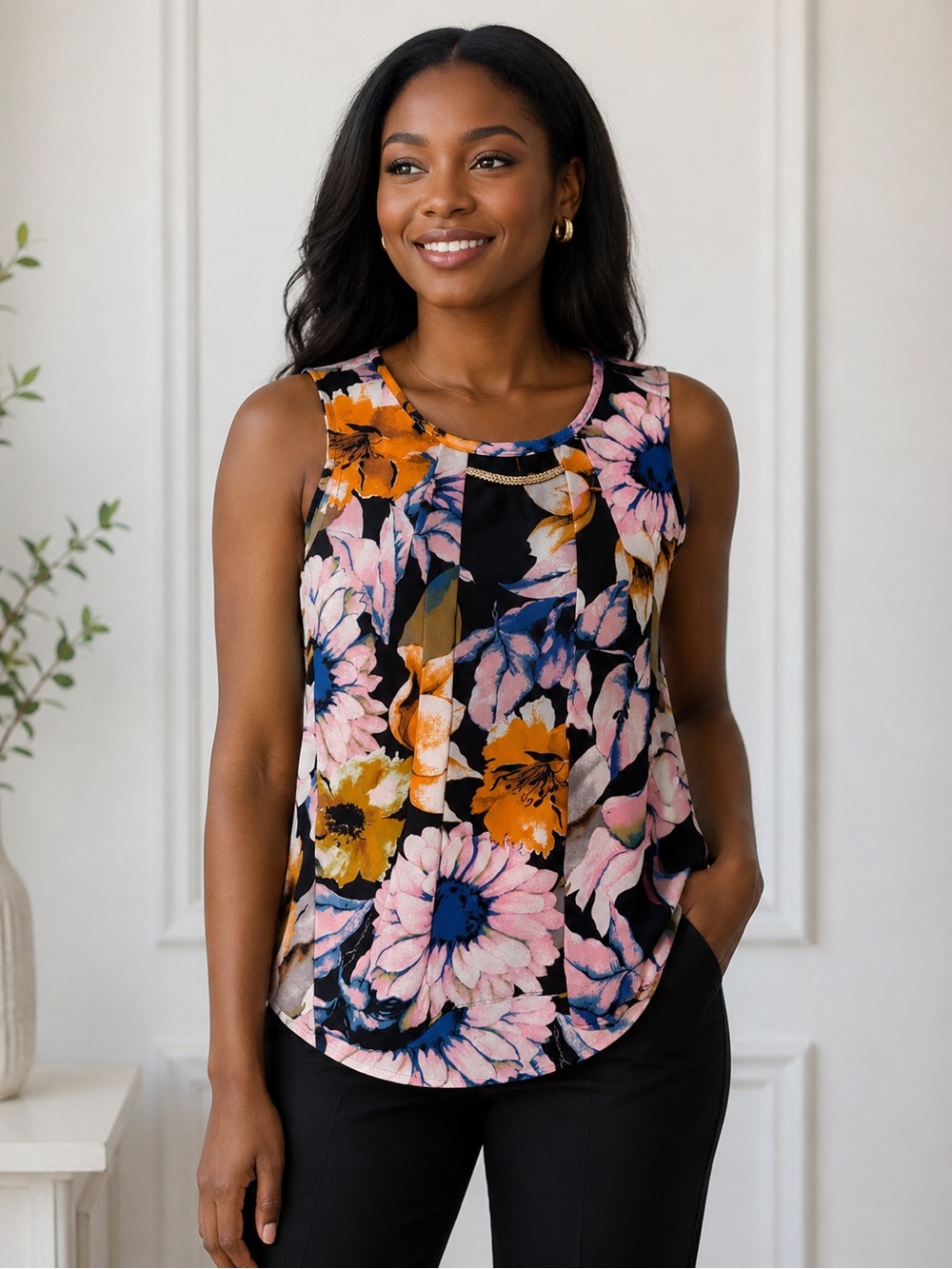 Milano Black Floral Sleeveless Camisole with Pink & Orange Blooms